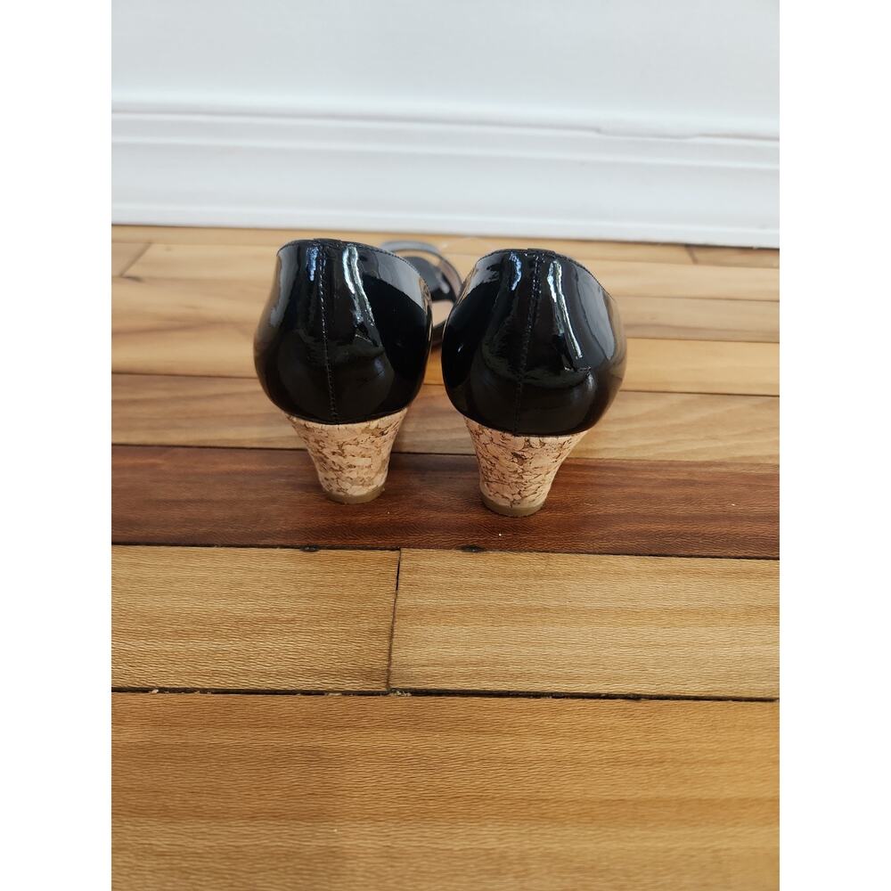 ARTURO CHIANG Black Leather Designer Peep Toe Cork Heel Size 7.5M - Picture 5 of 7